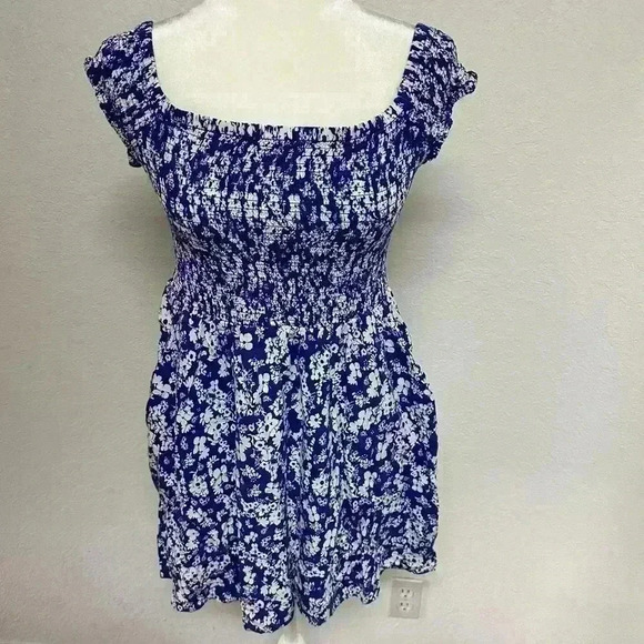 Express Blue Floral Square Neck Dress with Smocking and Pockets - Picture 1 of 5